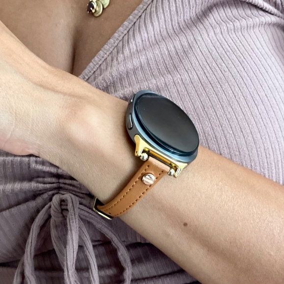 Galaxy Watch 8 Band, Slim Brown Leather Strap, Adjustable Bracelet, Gold Accents - Picture 1 of 14